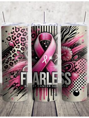 Hand Crafted Pink and Black 'Fearless' Breast Cancer Ribbon Tumbler